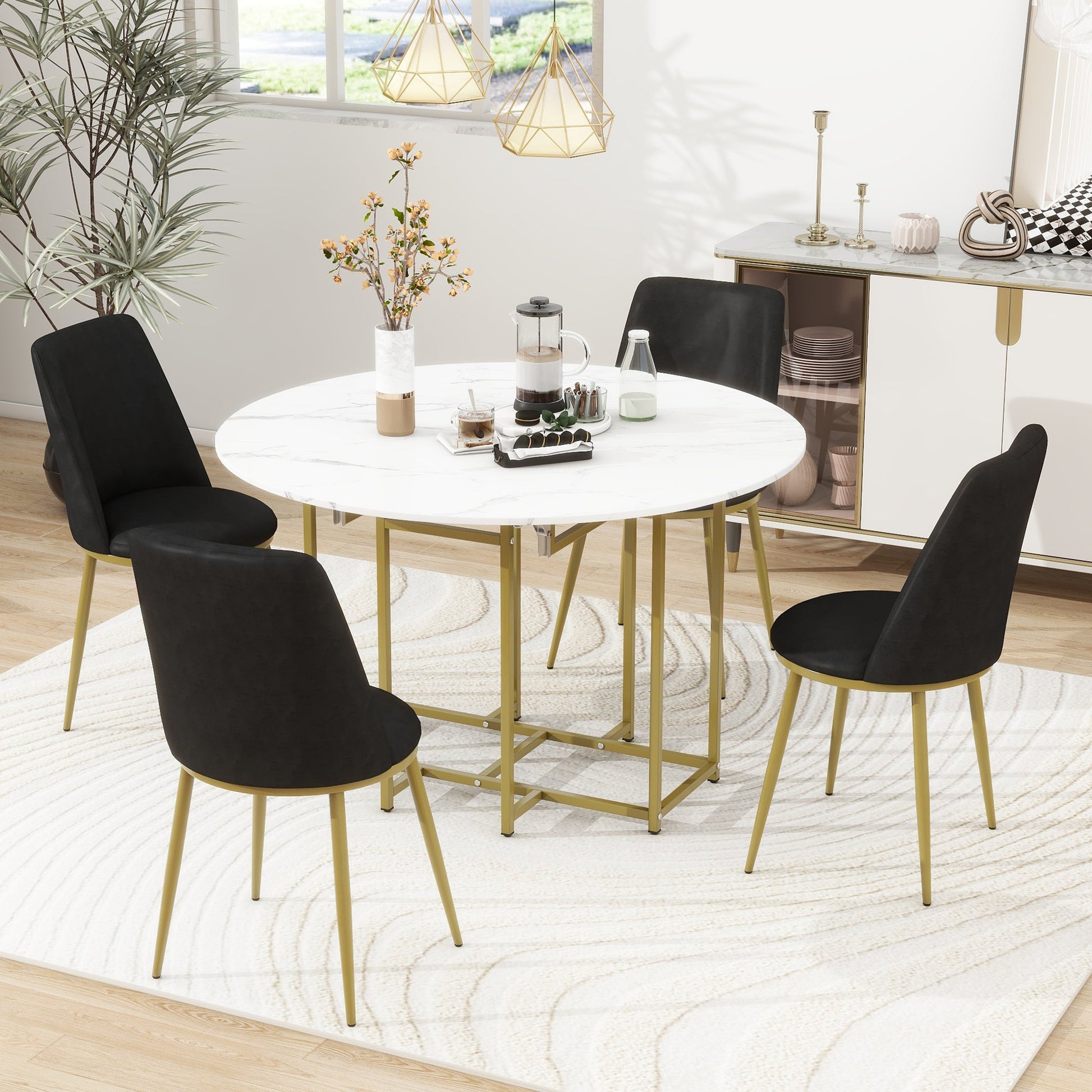 Smart Home Device: TOPMAX Space-Saving 5-Piece Extendable Kitchen Dining Table Set for Small Spaces - Round Faux Marble Top with Golden Frame, 4 Upholstered Chairs, Compact Foldable Design,White+Black by Streamdale Furniture