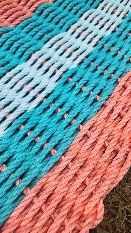 Area Rug: 5 Stripe Lobster Rope Mat Orange Teal and Seafoam by Little Salty Rope