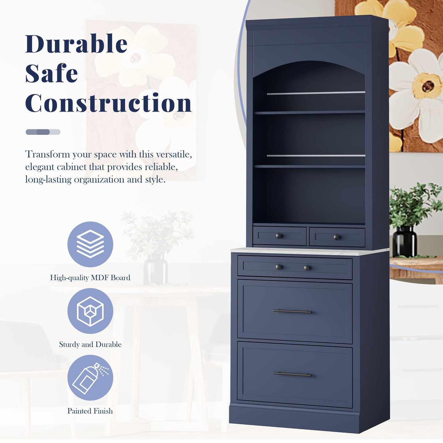 [Assembly Video Provided] TOPMAX Modern 83.7inch High Kitchen Pantry, Freestanding Tall Kitchen Hutch with Faux Marble Top,Cupboard Cabinet with 5 Storage Drawers and Adjustable Shelf, Set of 2, Blue