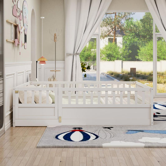 Bedroom Bedding & Decor: Full size Floor bed, integral construction with super high security barrier, door, children's floor bed frame, Montessori wooden children's floor bed, Support slat white by Streamdale Furniture