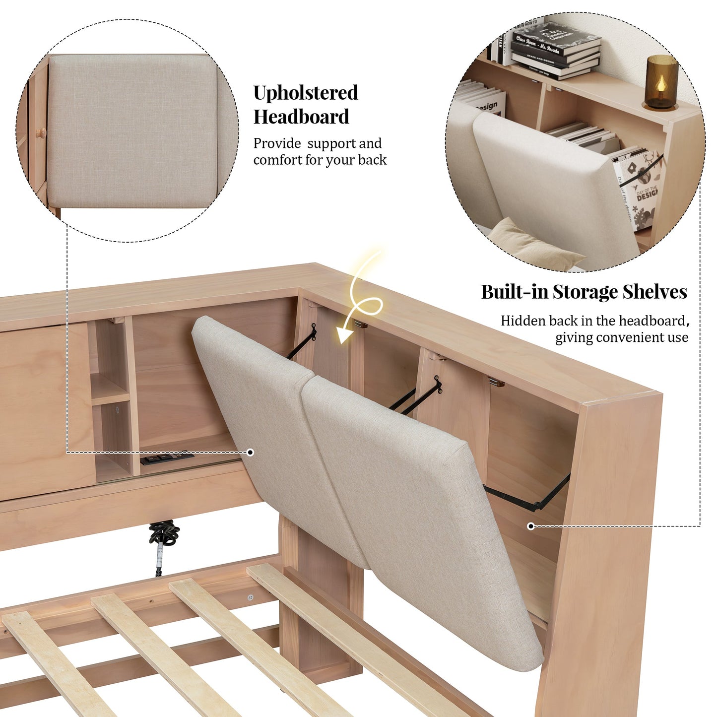 Wooden Twin Size L-shaped Daybed Corner Bed Under-bed Drawers  with Storage Bookcase and Upholstered Headboard and USB Charging Ports for Limited Space,Natural