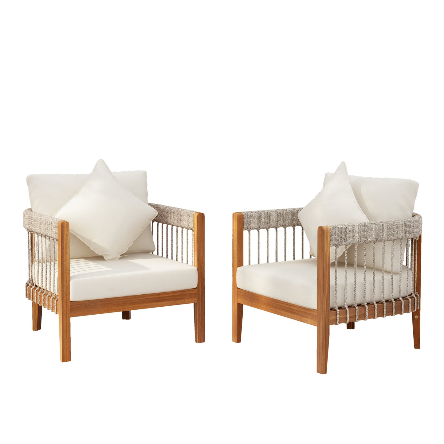 [Set of 2] Acacia Wood Outdoor Club Chair with Handwoven Rope Accents & Curved Backrest - Water-Resistant Boho Patio Lounge Chair with Removable Cushions for Porch, Garden