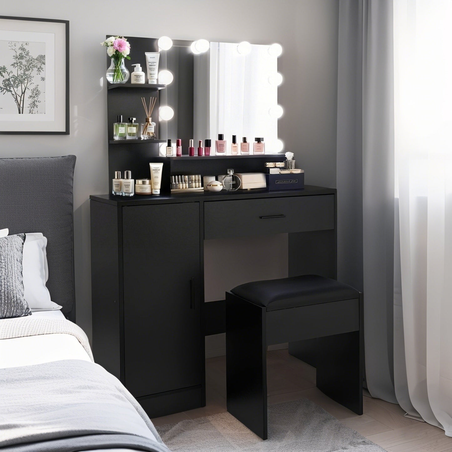 Vanity Desk with Mirror and Lights, Makeup Vanity with Drawer & Storage Cabinet, 3 Adjustable Lighting Colors, Makeup Desk with Open Shelves for Bedroom, Dressing Room, Black