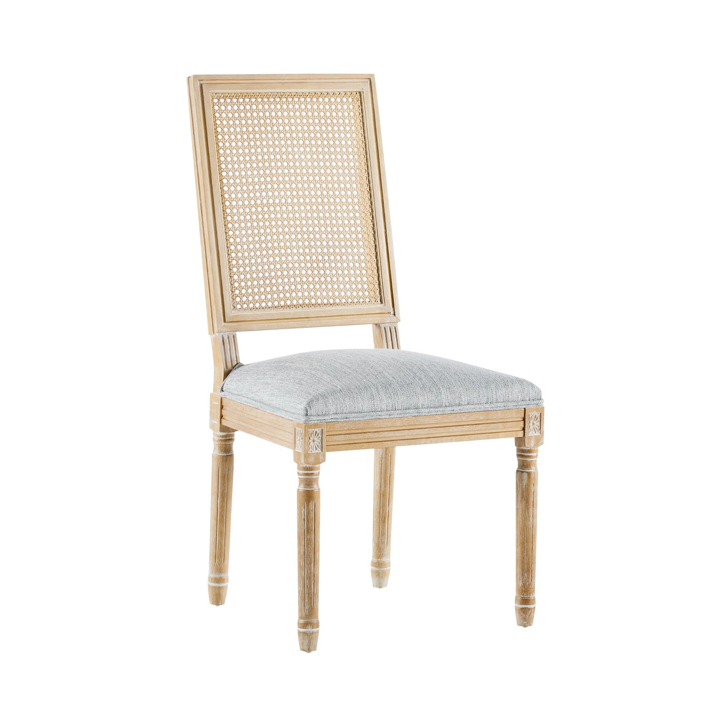 Vintage Inspired French Country Dining Chairs Set - Elegant Cane Backrest & Upholstered Seats - Rustic Weathered Finish - Solid Rubberwood Frame