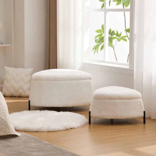 Area Rug: Ivory Faux Fur Upholstered Storage Ottoman Set with Metal Legs, Coffee Table with Reversible Lid by Streamdale Furniture