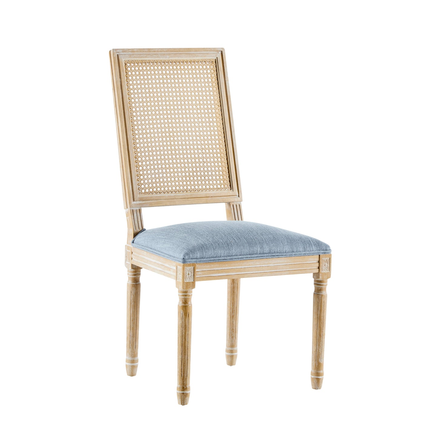 Vintage Inspired Set of 6 French Country Dining Chairs with Cane Backrest & Upholstered Seats in Rustic Weathered Finish