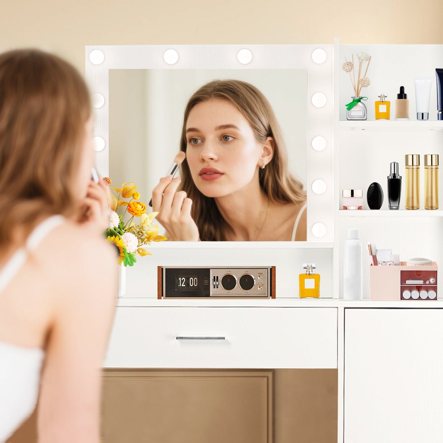 Vanity Desk with Mirror and Adjustable LED Lights, 3 Lighting Modes, Drawer and Storage Cabinet, White MDF