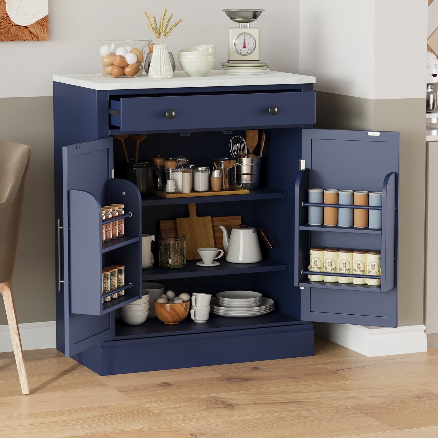 [Assembly Video Provided] TOPMAX Modern Freestanding Kitchen Pantry,Buffet Food Storage, Coffee Bar Cabinet with Drawer, 2 Adjustable Shelves and 2 Door Shelves for Dining, Kitchen, Set of 2, Blue