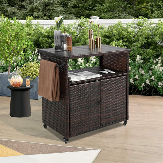 Dining & Tableware: Outdoor Wicker Bar Cart, Patio Wine Serving Cart w/Wheels , Rolling Rattan Beverage Bar Counter Table w/Glass Top for Porch Backyard Garden Poolside Party, Light brown by Streamdale Furniture