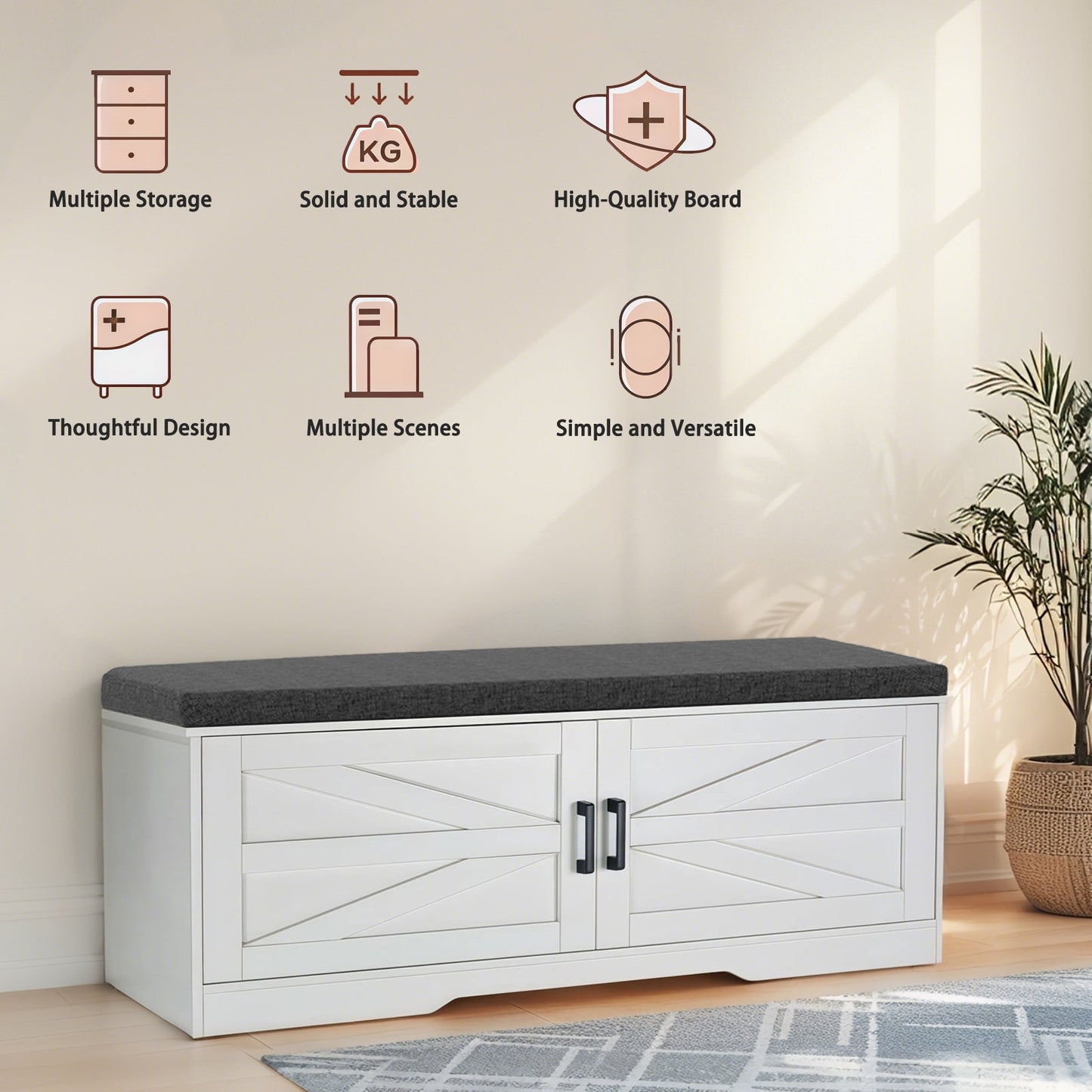 2 Tier Shoe Bench with Padded Seat, 2 Barn Doors and Adjustable Shelves, for Entryway and Living Room, White MDF