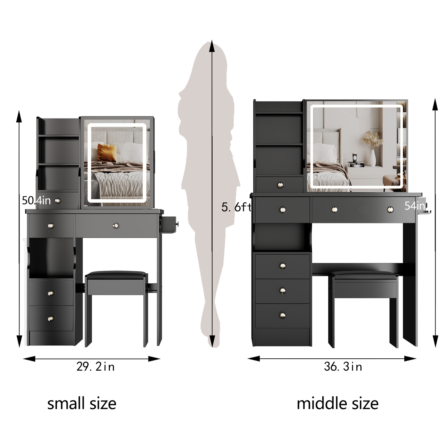 29.2' Small Size Left Drawer Desktop Vanity Table + Cushioned Stool, 2 AC+2 USB Power Station, Hair dryer bracket, Extra Large Touch Control Sliding LED Mirror, Tri-color Switching, Brightness Adjust