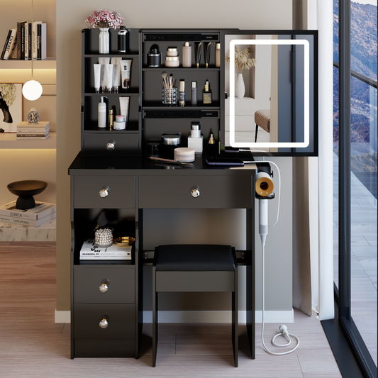 29.2' Small Size Left Drawer Desktop Vanity Table + Cushioned Stool, 2 AC+2 USB Power Station, Hair dryer bracket, Extra Large Touch Control Sliding LED Mirror, Tri-color Switching, Brightness Adjust
