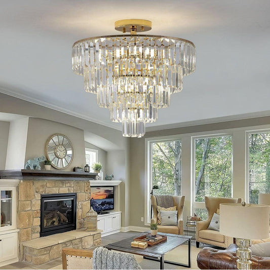 Lighting Fixture: Gold Crystal Chandeliers,5-Tier Round Semi Flush Mount Chandelier Light Fixture,Large Contemporary Luxury Ceiling by Streamdale Furniture
