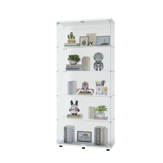 Security Camera: Two Door Glass Cabinet Glass Display Cabinet with 5 Shelves, White by Streamdale Furniture