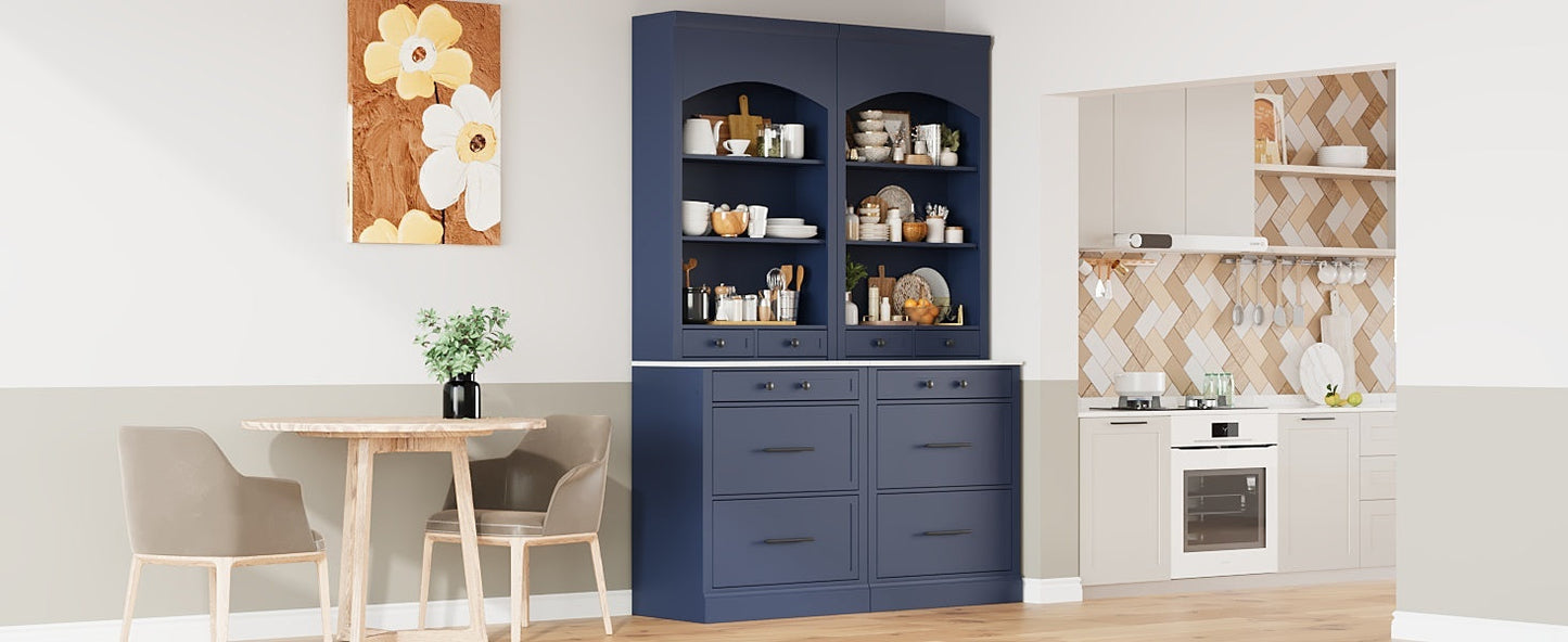 [Assembly Video Provided] TOPMAX Modern 83.7inch High Kitchen Pantry, Freestanding Tall Kitchen Hutch with Faux Marble Top,Cupboard Cabinet with 5 Storage Drawers and Adjustable Shelf, Set of 2, Blue
