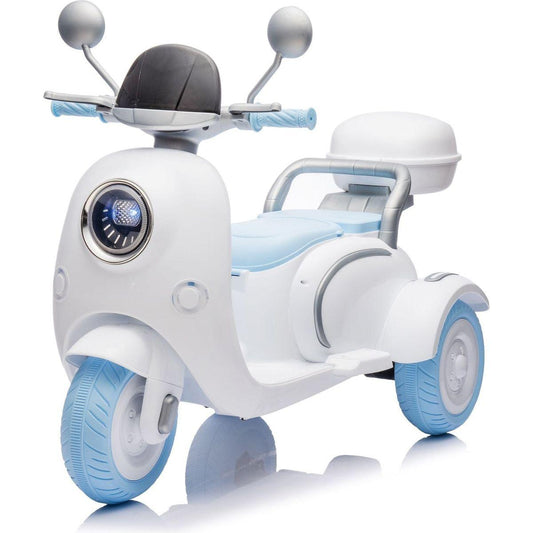 12V Two-seater Kids Ride On Electric Motorcycle,Three Wheels Kids toy with Slow Start,Multi-function player,USB,Bluetooth, light,Backseat flip adult seat, Oversized Storage Box for kids Aged 3-6.