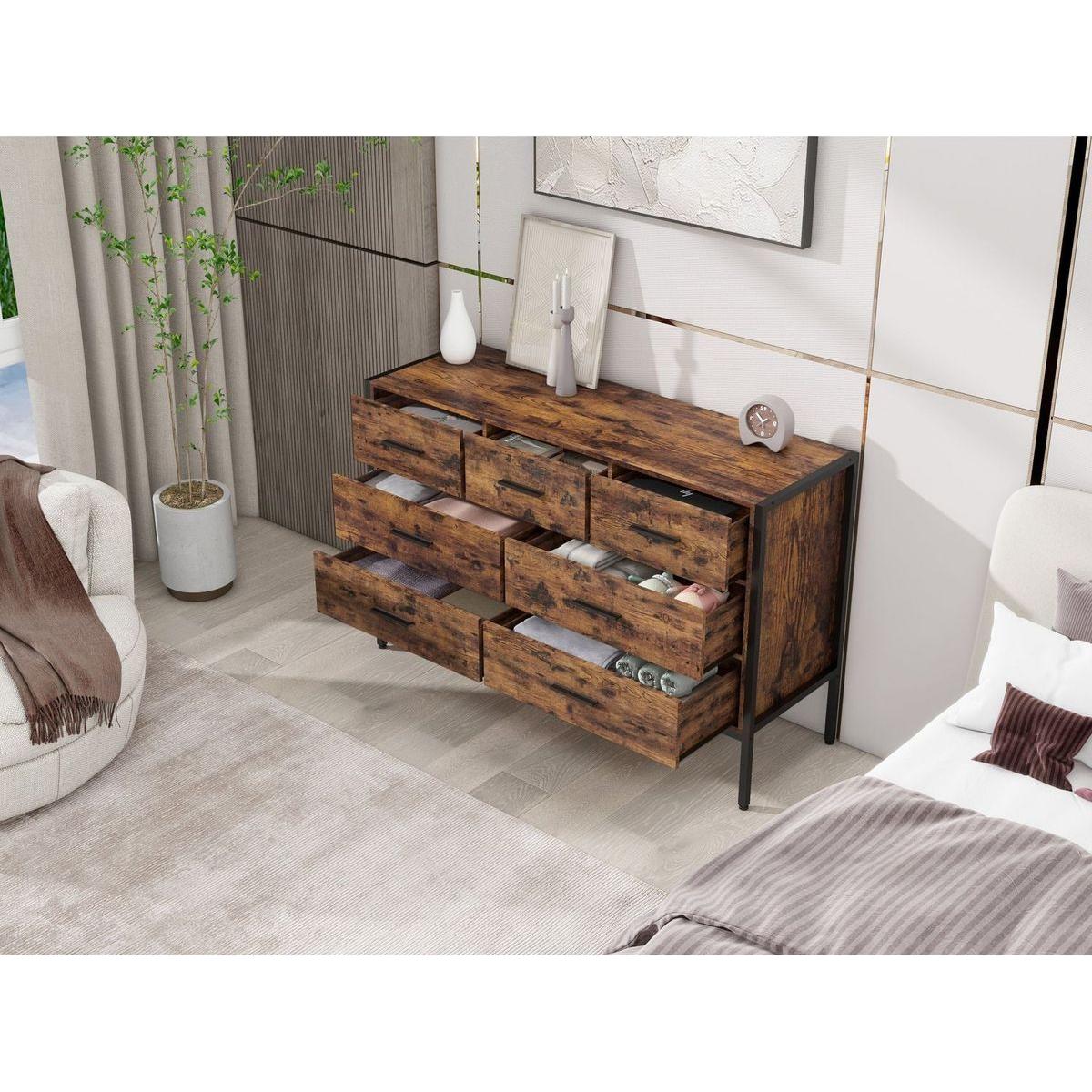Wood Dresser with 7 Drawers, Wooden Storage Closet for Bedroom, Solid Clothes Cabinet with Sturdy Steel Frame, 48.58"Wx15.75"Dx31.22"H, 48 inch, Rustic Brown