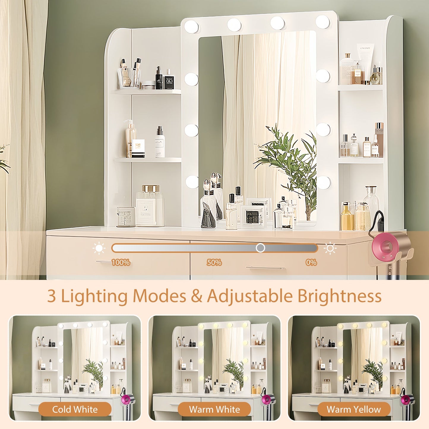 Vanity Desk Set with Mirror & Adjustable Lights, Power Outlet and Hair Dryer Rack, 2 Drawers and 6 Shelves, Includes Cushioned Stool, White MDF