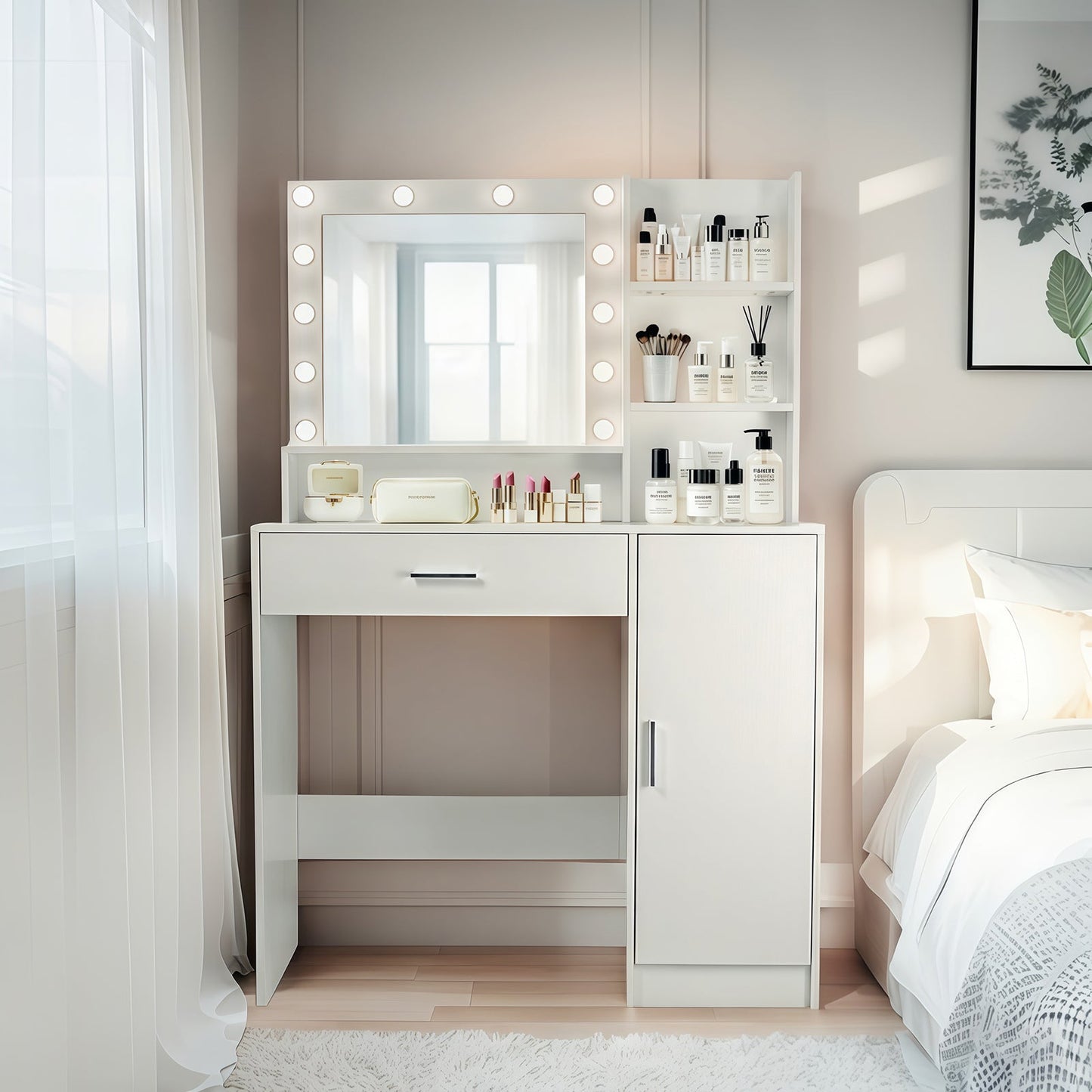 Vanity Desk with Mirror and Adjustable LED Lights, 3 Lighting Modes, Drawer and Storage Cabinet, White MDF