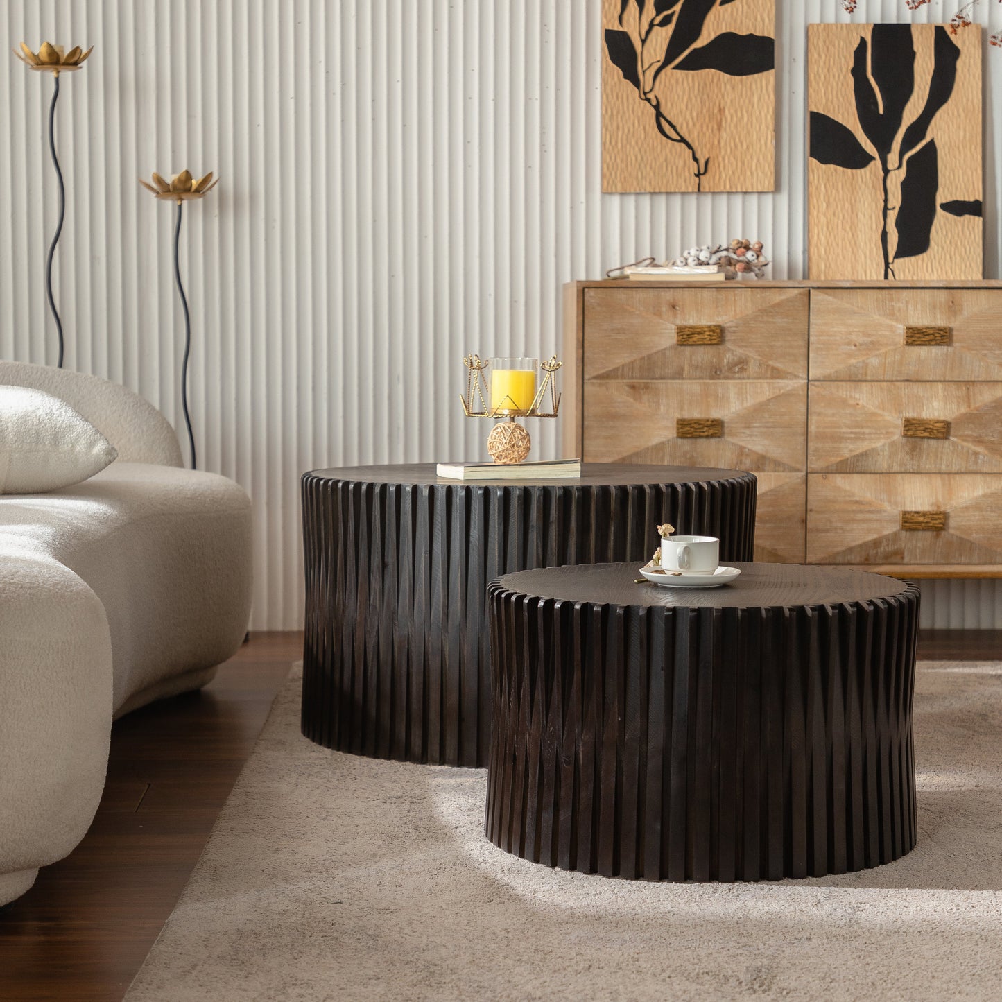 Vintage Fashion Style Cylindrical Nesting Coffee Table Set with Vertical Textured Embossed Design for Living Room, Office and Dining Room, Dark Brown (Set of 2)