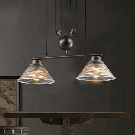 Adjustable Pulley Industrial Cone Pendant with Prismatic Glass - Black, 2/3-Light Island Lamp