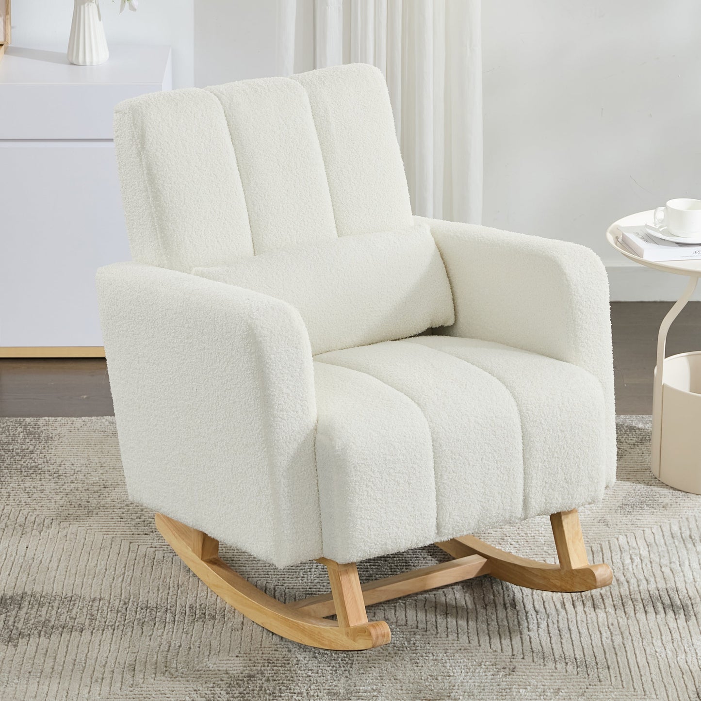 Bedroom Bedding & Decor: Accent Rocking Chair with Pillow, Ultimate Comfort for Your Home, Teddy Velvet, Cream White by Streamdale Furniture