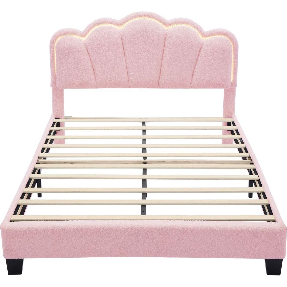 2-Pieces Bedroom Sets Full Size Flower-Shaped Upholstered LED Platform Bed with Storage Ottoman-Sherpa Fabric, Pink