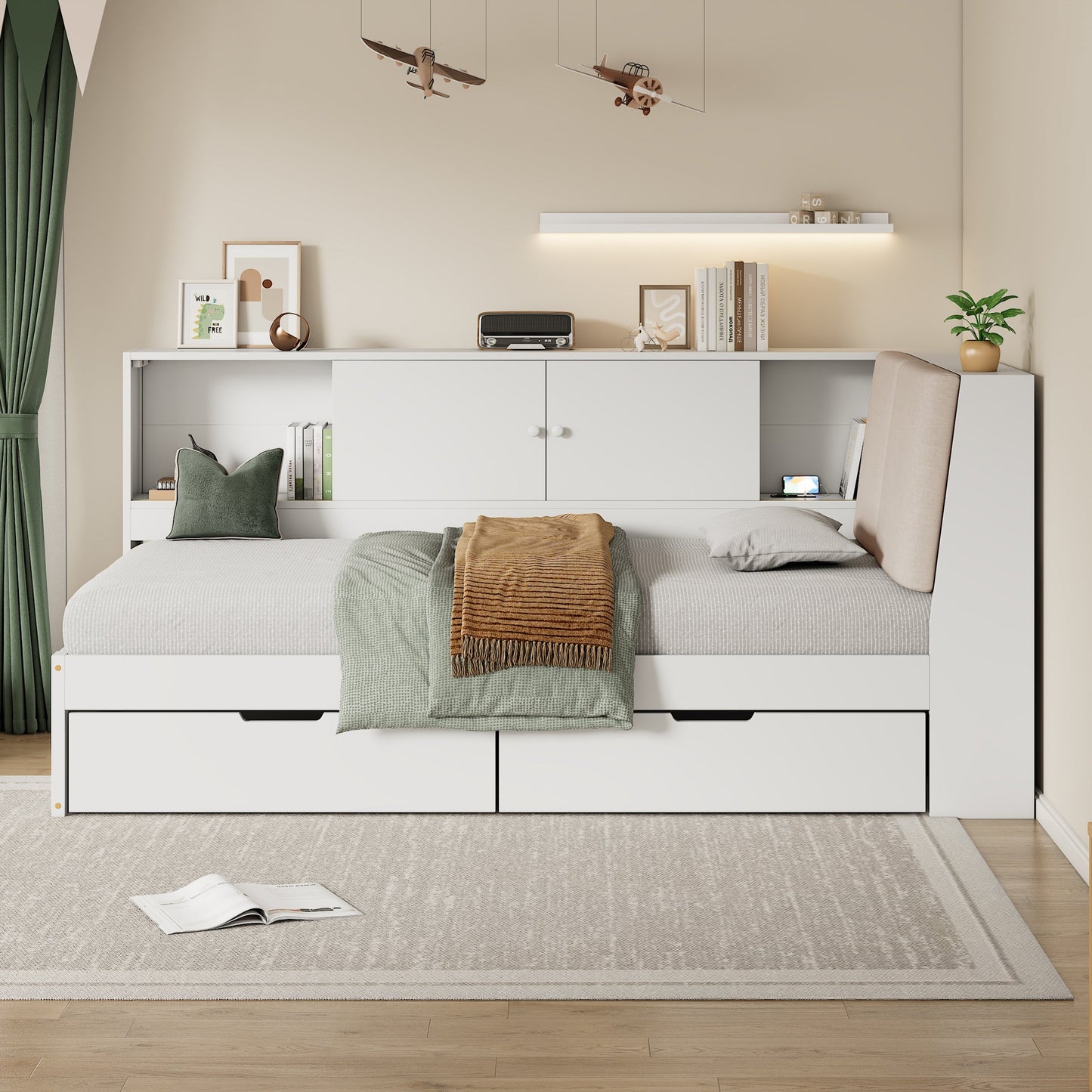 Wooden Twin Size L-shaped Daybed Corner Bed Under-bed Drawers  with Storage Bookcase and Upholstered Headboard and USB Charging Ports for Limited Space,White
