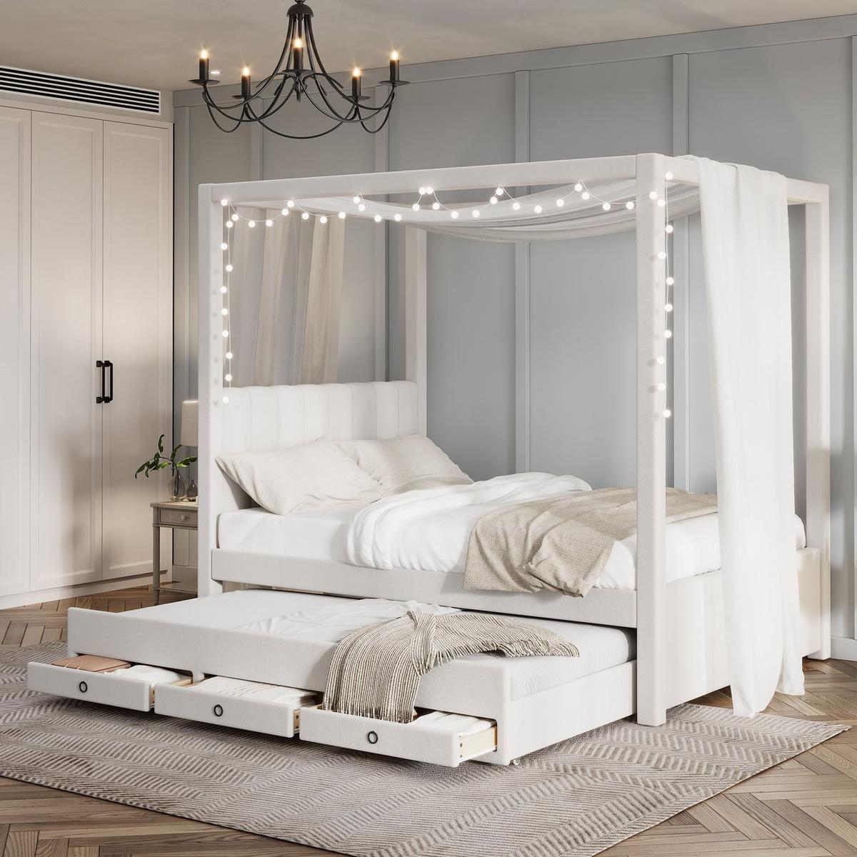 Bedroom Bedding & Decor: Full Size Upholstery Canopy Platform Bed with Trundle and Three Storage Drawers, Beige by Streamdale Furniture