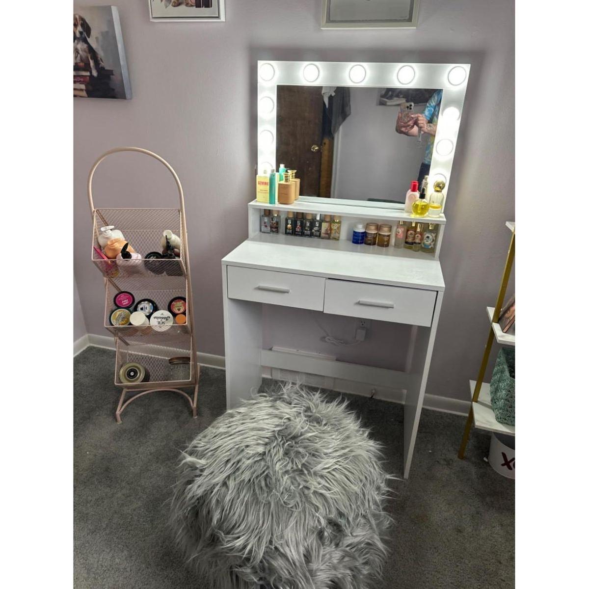 Vanity Desk with Mirror and Lights, Dressing Table with Large Drawer, 2 Level Storage Dresser & 3 Lighting Modes Adjustable Brightness, Suitable for Bedroom(White)