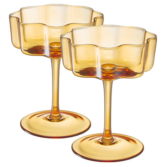 Dining & Tableware: Flower Wave Coupe Cocktail Colored Glasses | Set of 2 | Amber by Khen Site