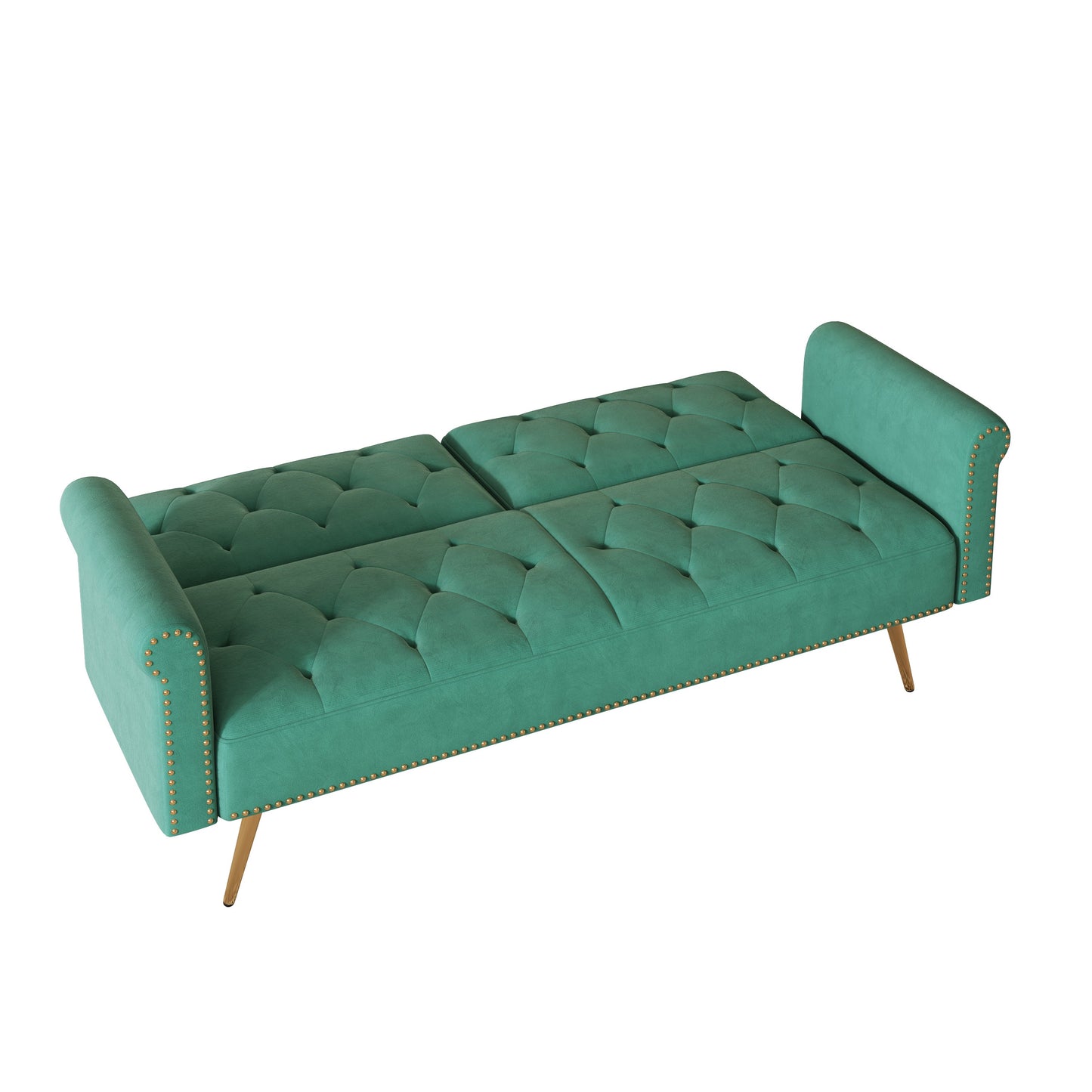 Velvet Sofa Bed with Nail Head Trim and Throw Pillow in Green, 69.7 Inches, Sponge Filling, Gold Metal Legs