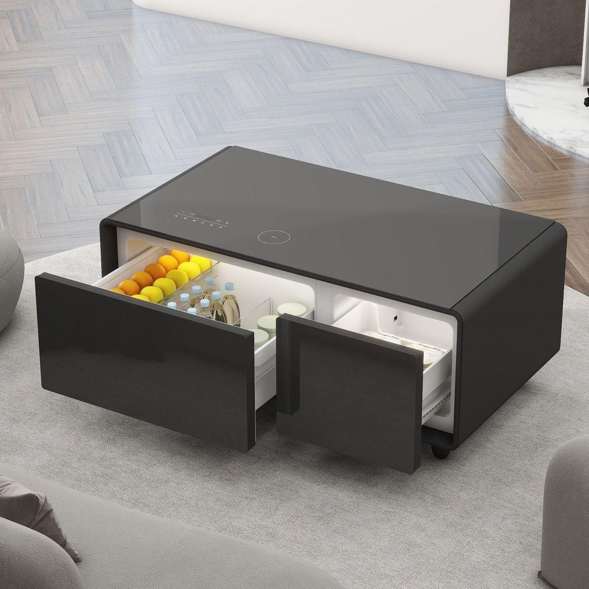 Smart Home Device: Modern Smart Coffee Table with Built-in Fridge, Bluetooth Speaker, Wireless Charging, Touch Control Panel, USB Interface, Outlet Protection, Atmosphere light, Black by Streamdale Furniture