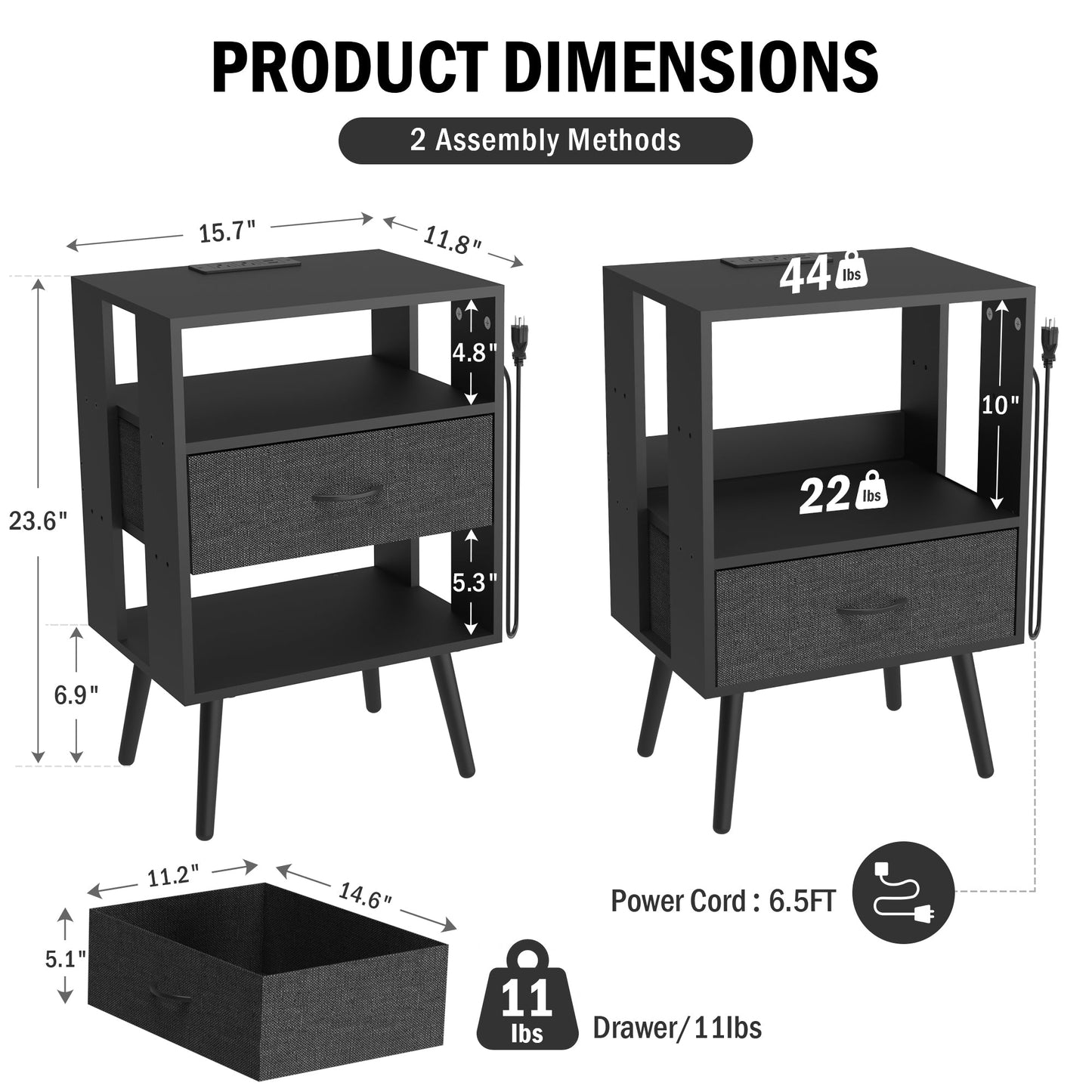 2 Pack Modern Nightstand with Charging Station, Bedside Tables with LED Light and Fabric Drawers