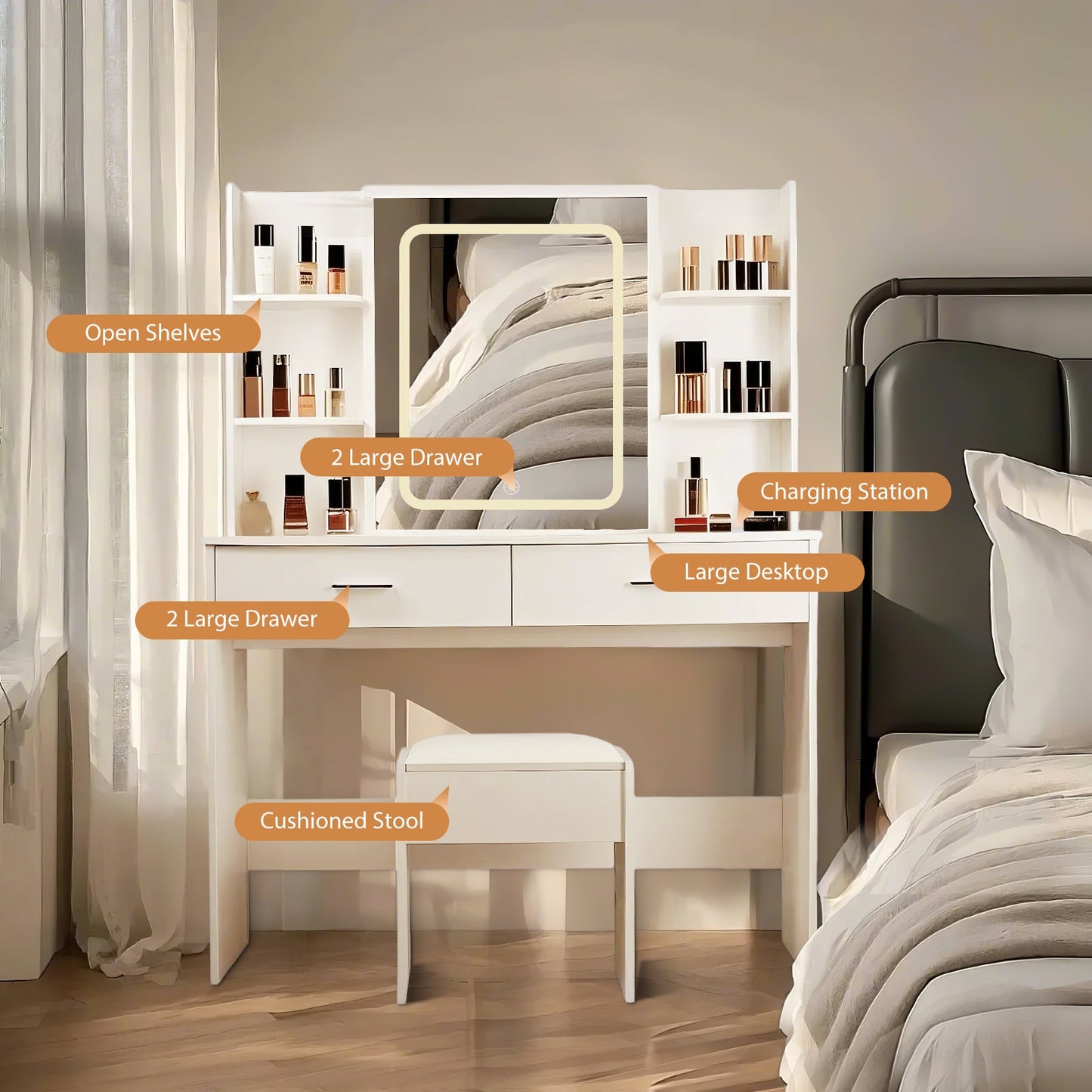 Vanity Desk with Mirror and LED Lights, 3 Lighting Modes and Power Outlet, 2 Spacious Drawers and Stool, White MDF