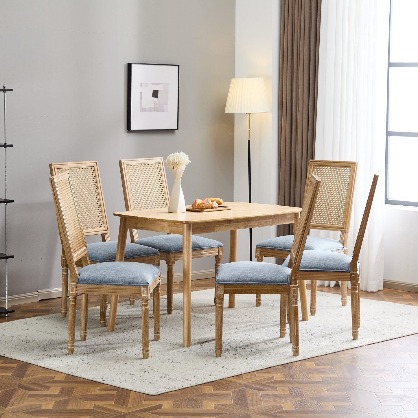 Vintage Inspired Set of 6 French Country Dining Chairs with Cane Backrest & Upholstered Seats in Rustic Weathered Finish