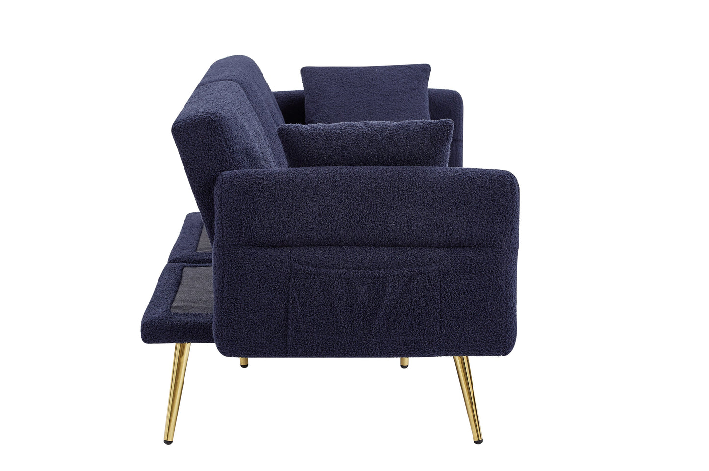 Home Office Accessories: Modern Teddy Upholstered Accent Loveseat Sofa With Side Pocket,Folding Sleeper Sofa Bed With Foldable Armrest , Adjustable Backrest and Golden Metal Legs for Living Room,Dark Blue by Streamdale Furniture