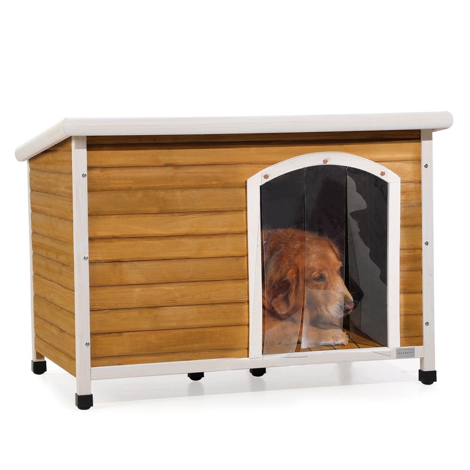 Outdoor Living: Large Wooden Outdoor Dog House, Waterproof Roof, Elevated Floor, Adjustable Plastic Feet, Yellow by Streamdale Furniture