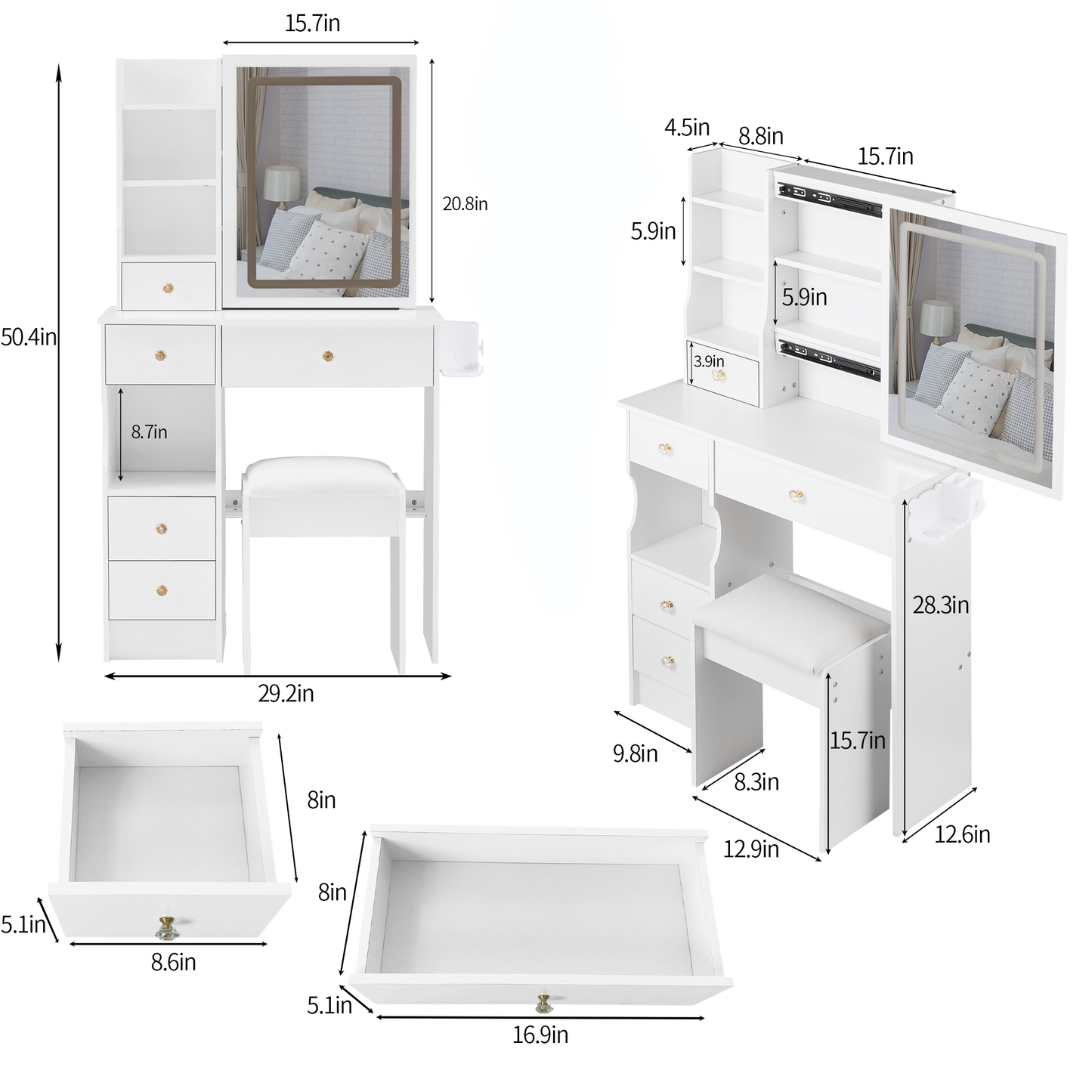 29.2' Small Size Left Drawer Desktop Vanity Table + Cushioned Stool, 2 AC+2 USB Power Station, Hair dryer bracket, Extra Large Touch Control Sliding LED Mirror, Tri-color Switching, Brightness Adjust