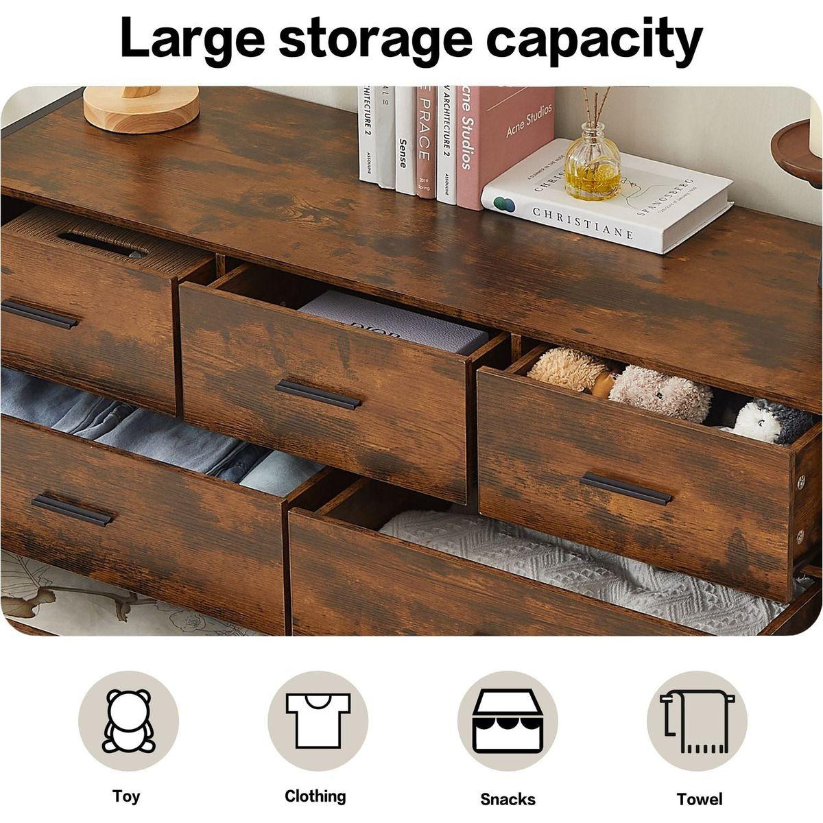 Wood Dresser with 7 Drawers, Wooden Storage Closet for Bedroom, Solid Clothes Cabinet with Sturdy Steel Frame, 48.58"Wx15.75"Dx31.22"H, 48 inch, Rustic Brown