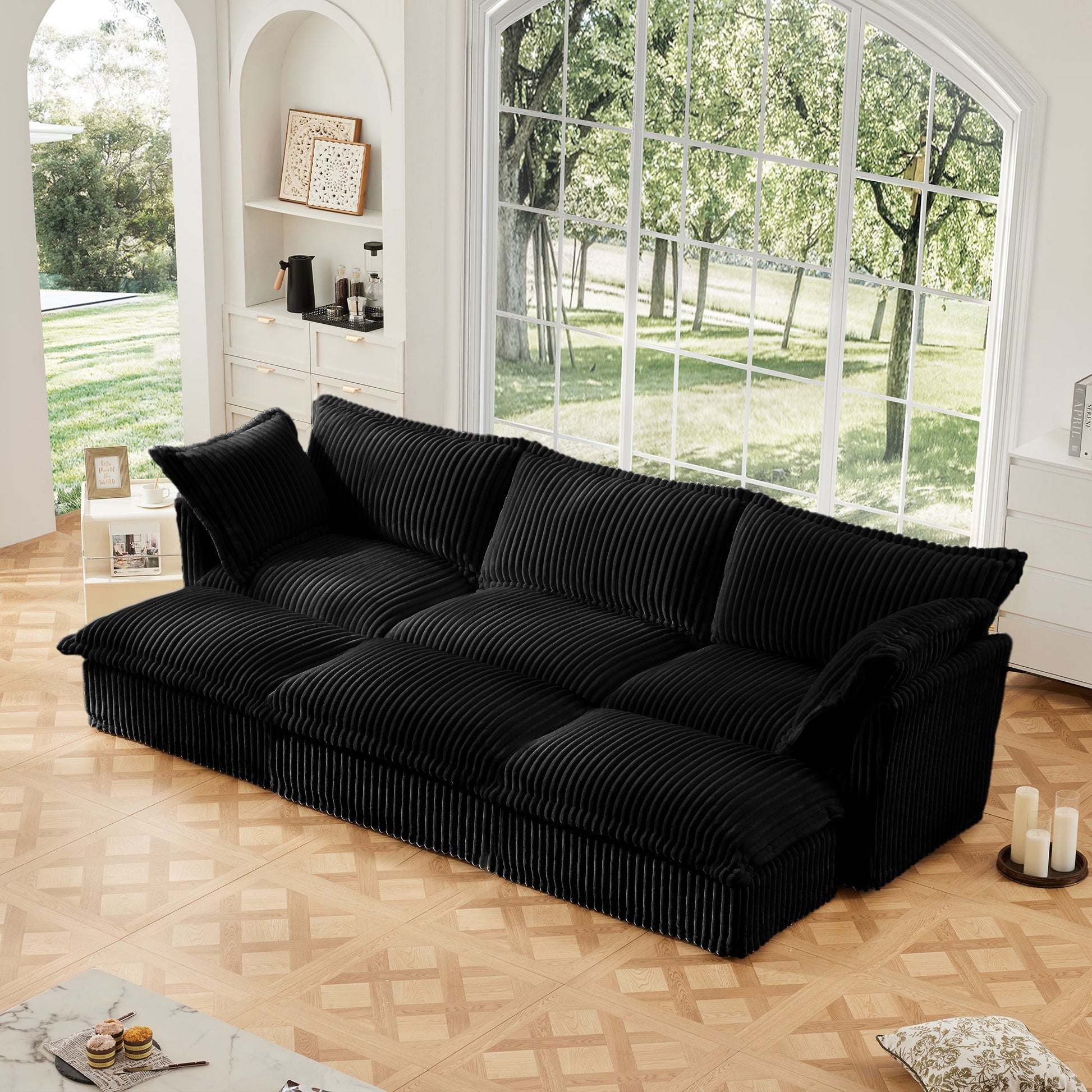 Living Room Decor: Living Room Sofa Slipcovered Sofa 3 Seater Sofa With 3 Ottomans, Oversized 3-Seat Sleeper Sofa Bed Home Theater Sofa, Corduroy, Black by Streamdale Furniture