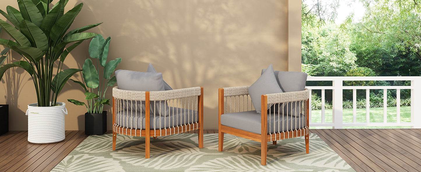 [Set of 2] Acacia Wood Outdoor Club Chair with Handwoven Rope Accents & Curved Backrest - Water-Resistant Boho Patio Lounge Chair with Removable Cushions for Porch, Garden