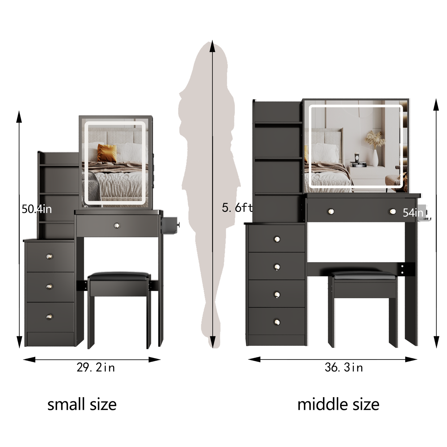 29.2' Small Size Left Bedside Cabinet Vanity Table + Cushioned Stool, 2 AC+2 USB Power Station, Hair dryer bracket, Extra Large Touch Control Sliding LED Mirror, Tri-color Switching, Brightness Adjust