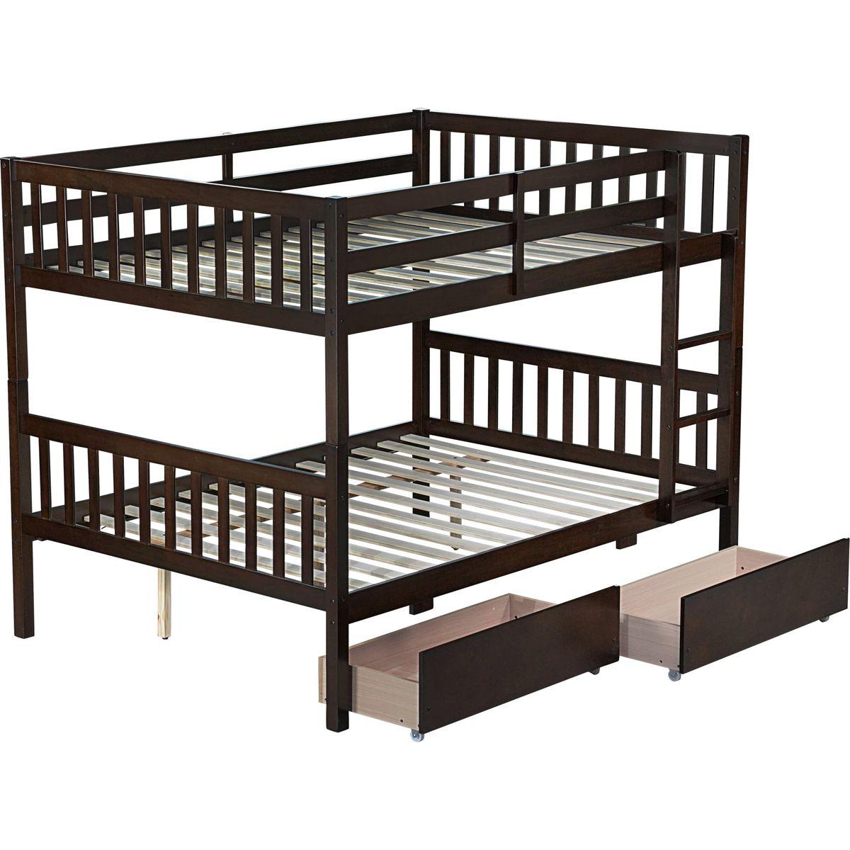 full Over full Rubber Wood Bunk Bed with 2 Drawers, Convertible into 2 full Beds, full Size Bunk Bed with Ladder and Safety Guardrails ,Espresso