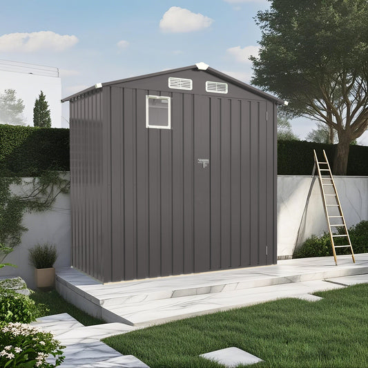 Dining & Tableware: 6X 3.5FT Metal Outdoor Storage Shed, Tool Shed with Pitched Roof Watertight with Positive Window and Lockable Door Compact Metal Tool Room for Garden, Backyard, Patio, Sundries and Bike Storage, Gray by Streamdale Furniture