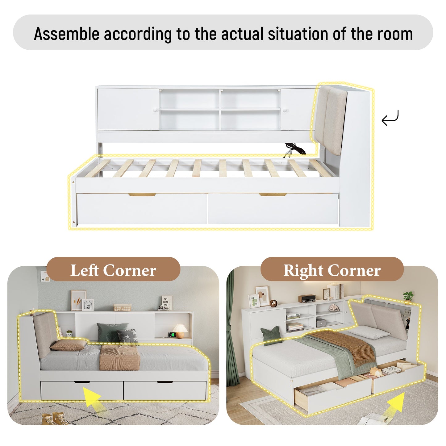 Wooden Twin Size L-shaped Daybed Corner Bed Under-bed Drawers  with Storage Bookcase and Upholstered Headboard and USB Charging Ports for Limited Space,White