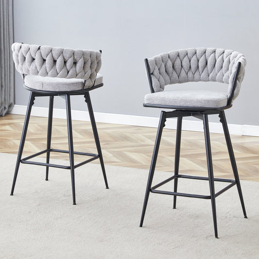 Area Rug: Set of 2 Swivel Bar Stools with Breathable Linen Cushions - Light Gray Seat & Black Iron Frame, Counter Height Stools for Kitchen Island, Dining or Pub by Streamdale Furniture