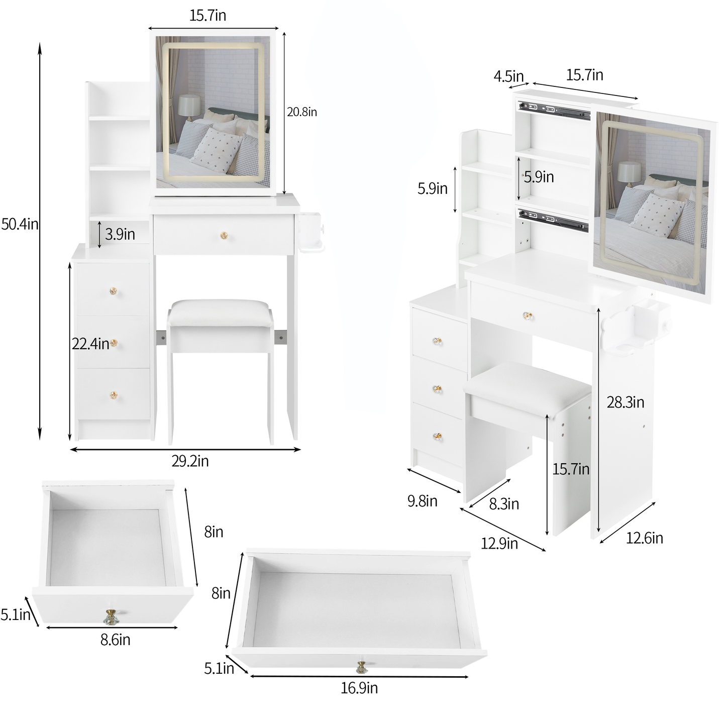 29.2' Small Size Left Bedside Cabinet Vanity Table + Cushioned Stool, 2 AC+2 USB Power Station, Hair dryer bracket, Extra Large Touch Control Sliding LED Mirror, Tri-color Switching, Brightness Adjust