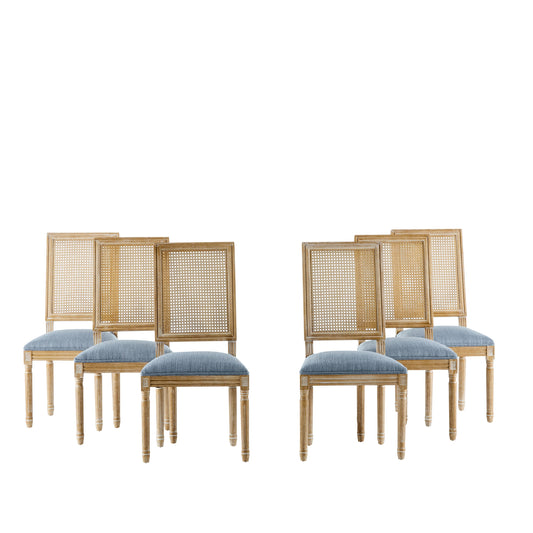 Vintage Inspired Set of 6 French Country Dining Chairs with Cane Backrest & Upholstered Seats in Rustic Weathered Finish