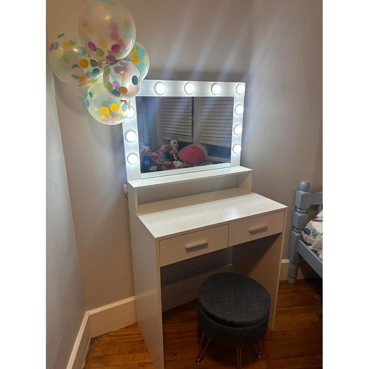 Vanity Desk with Mirror and Lights, Dressing Table with Large Drawer, 2 Level Storage Dresser & 3 Lighting Modes Adjustable Brightness, Suitable for Bedroom(White)